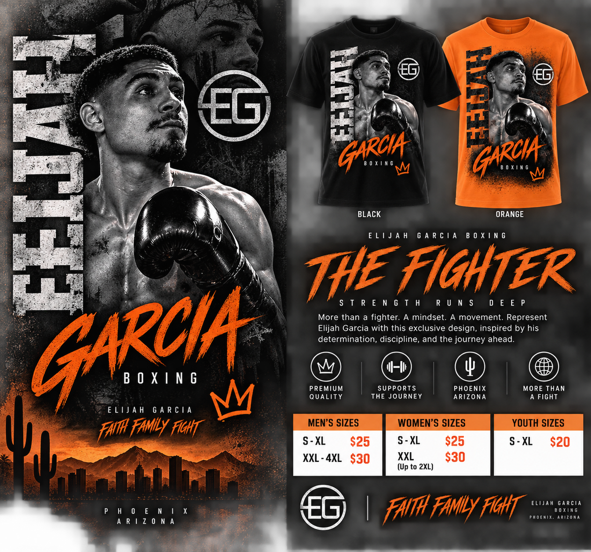 The Fighter Elijah Garcia shirt in black and orange
