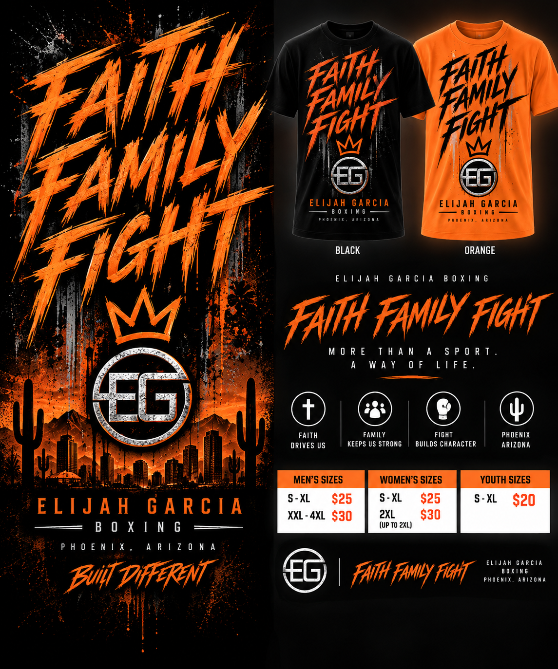 Triple F Faith Family Fight shirt in black and orange